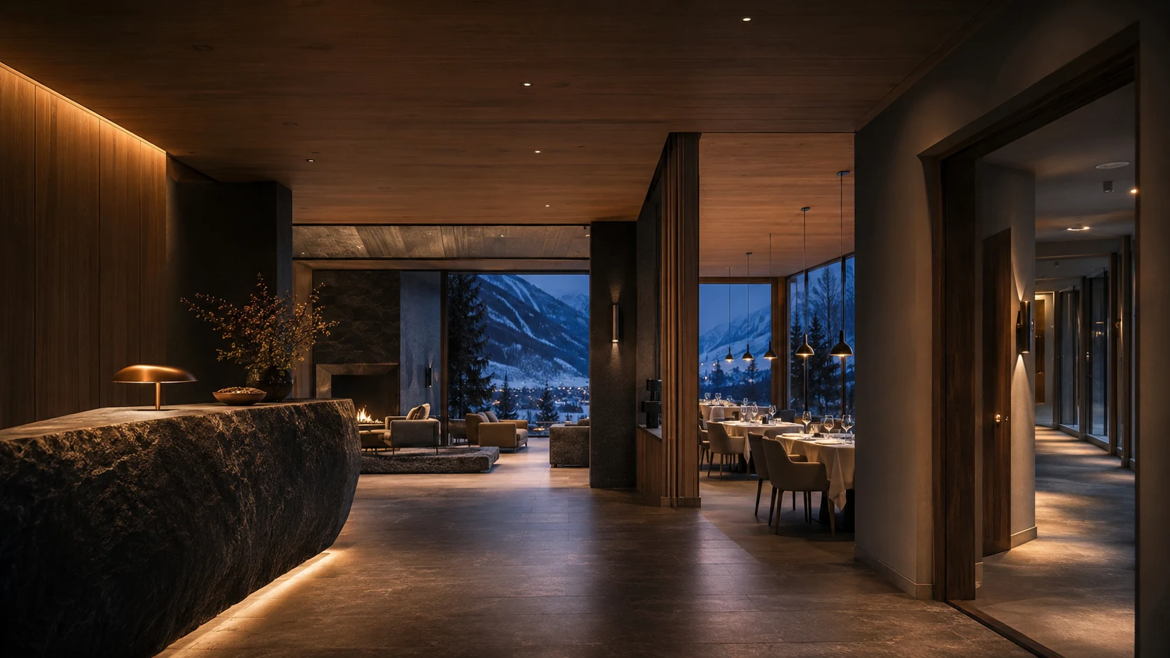 Reception, lounge e ristorante di un boutique hotel alpino collegati in un’unica identità