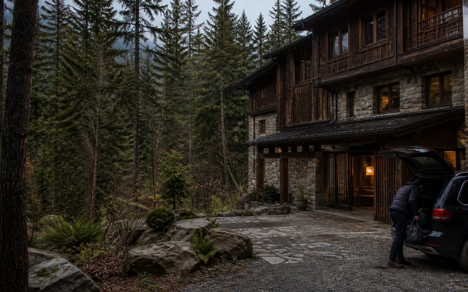 Ospite in arrivo in un hotel nel bosco nel tardo pomeriggio