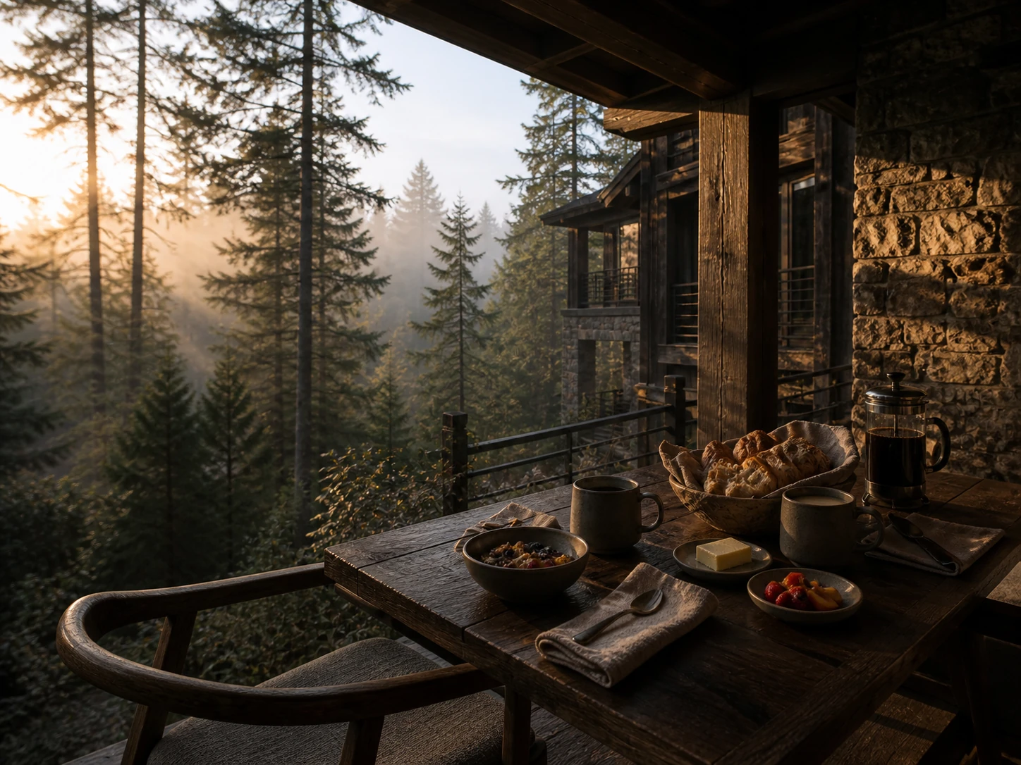 Colazione mattutina sulla terrazza dell’hotel nel bosco