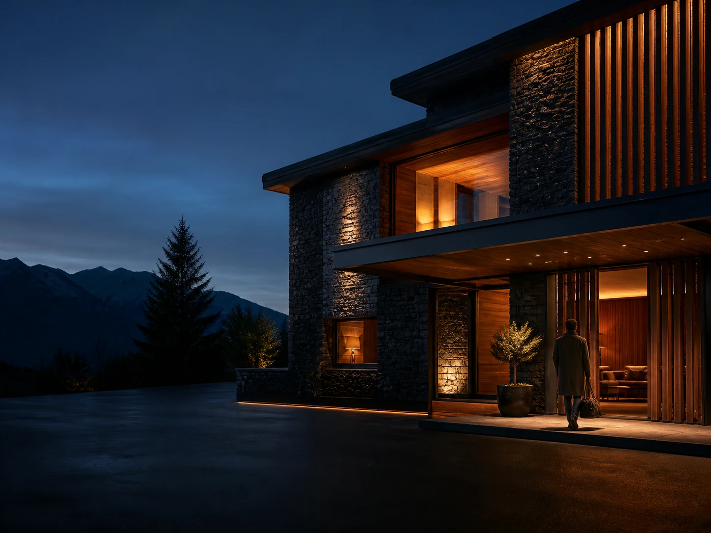 Boutique hotel in pietra naturale e legno al calare della sera