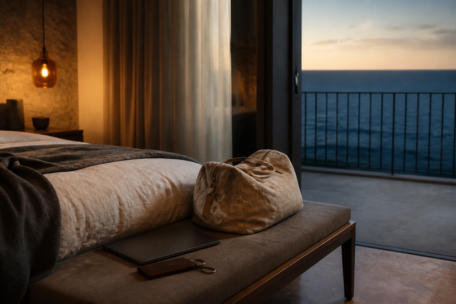 Suite aperta sul mare con borsa da weekend e laptop chiuso