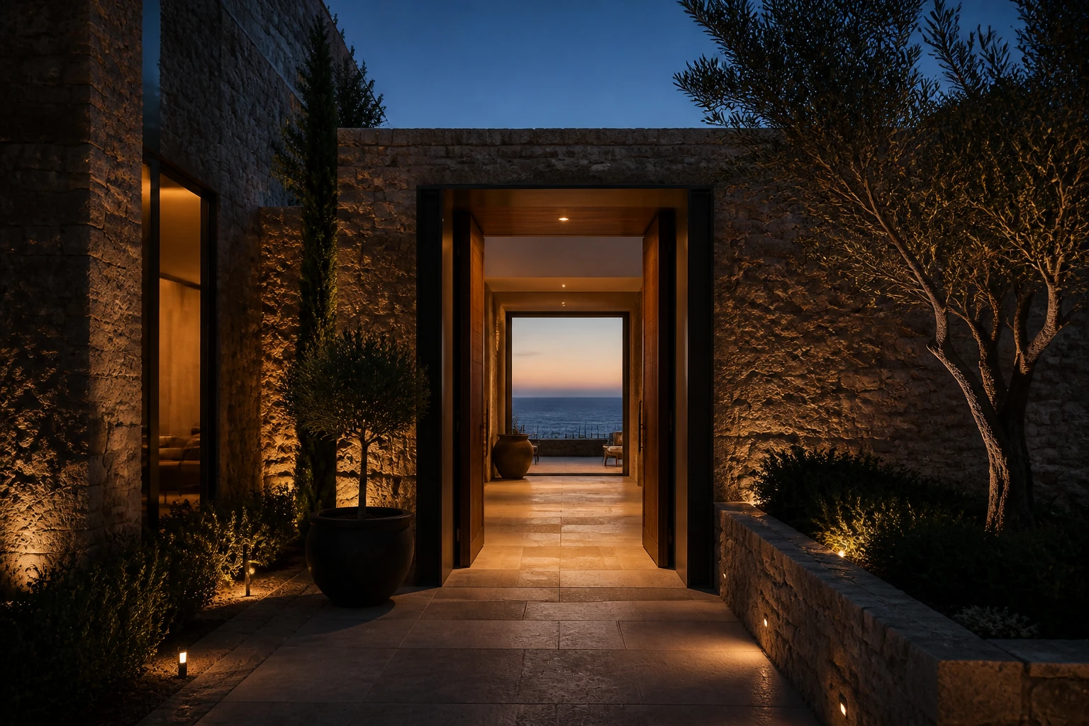Ingresso illuminato in pietra naturale con vista sul mare