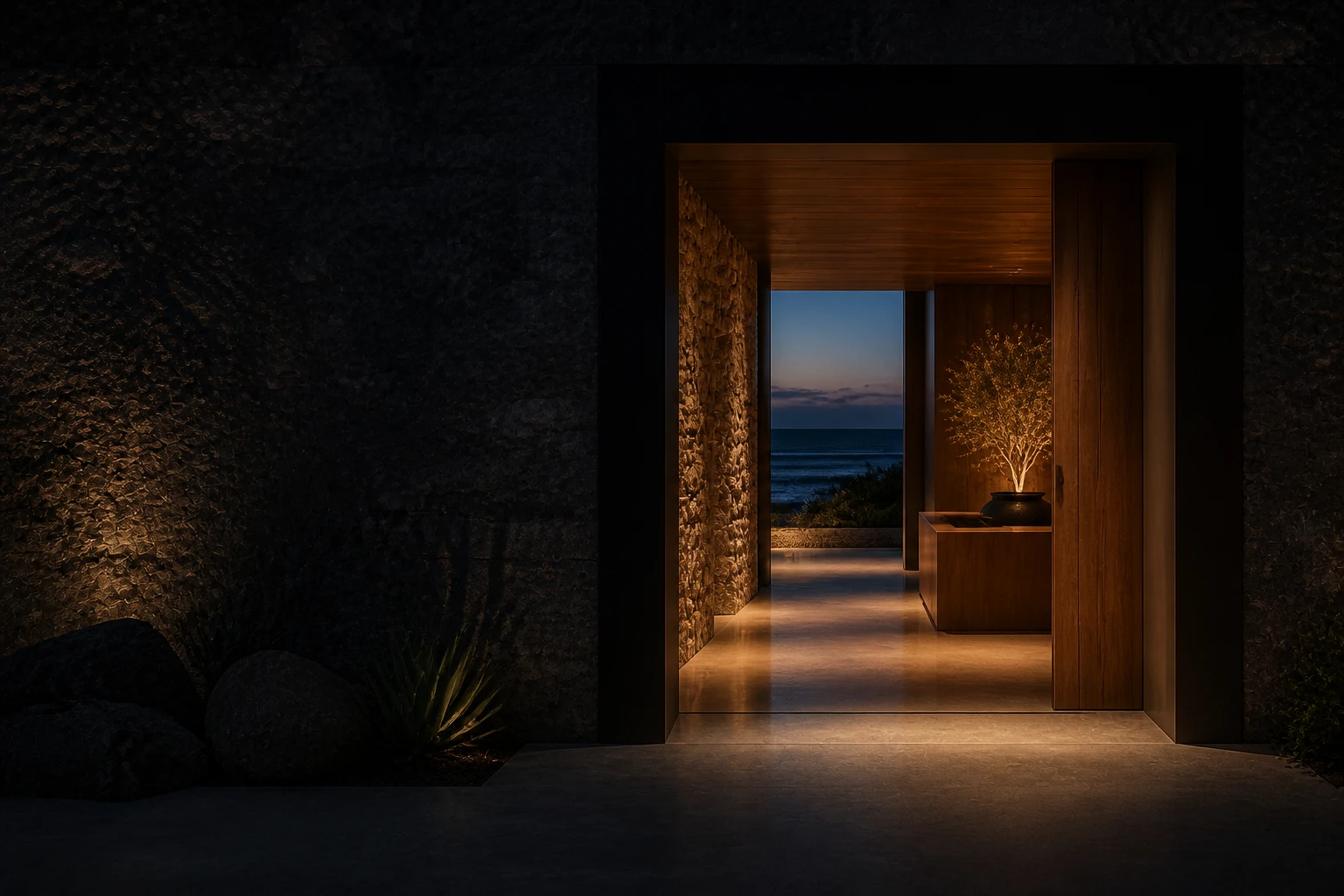 Portale illuminato dell’hotel con vista sul mare