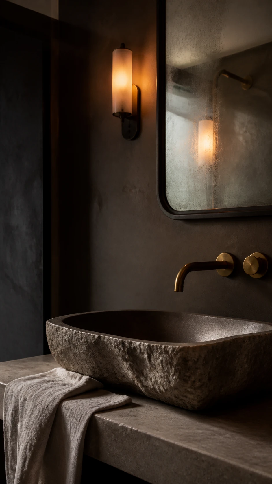 Lavabo in pietra nel bagno scuro del boutique hotel