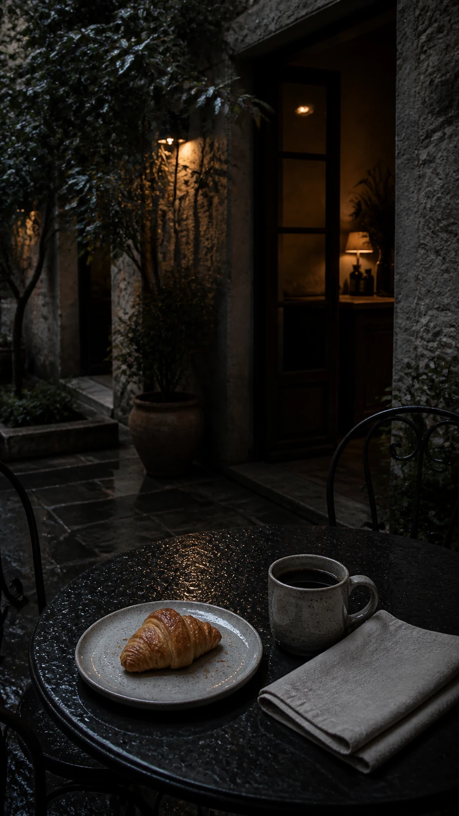 Piccola colazione nella corte bagnata
