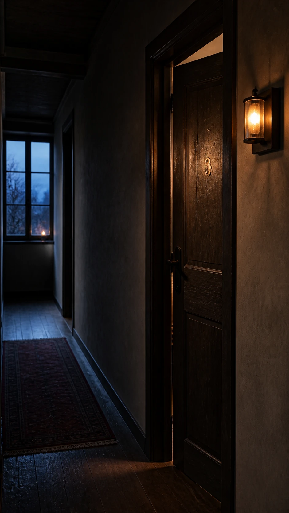 Corridoio scuro dell’hotel con porta della camera aperta nella luce serale