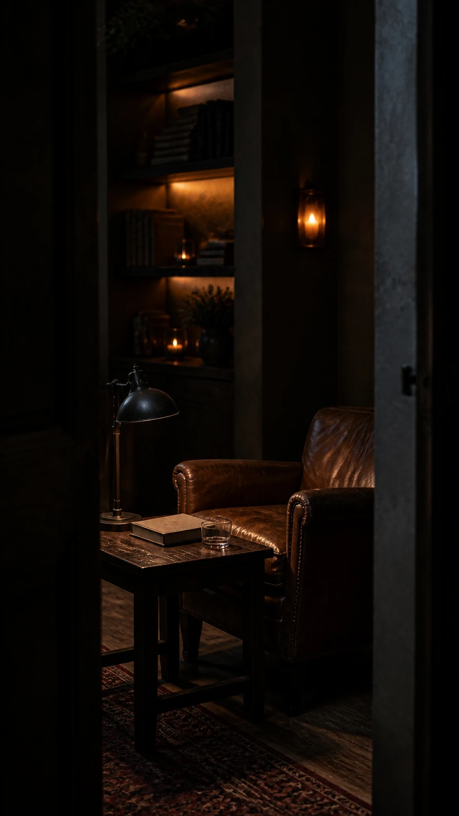 Poltrona in pelle nella tranquilla biblioteca dell’hotel