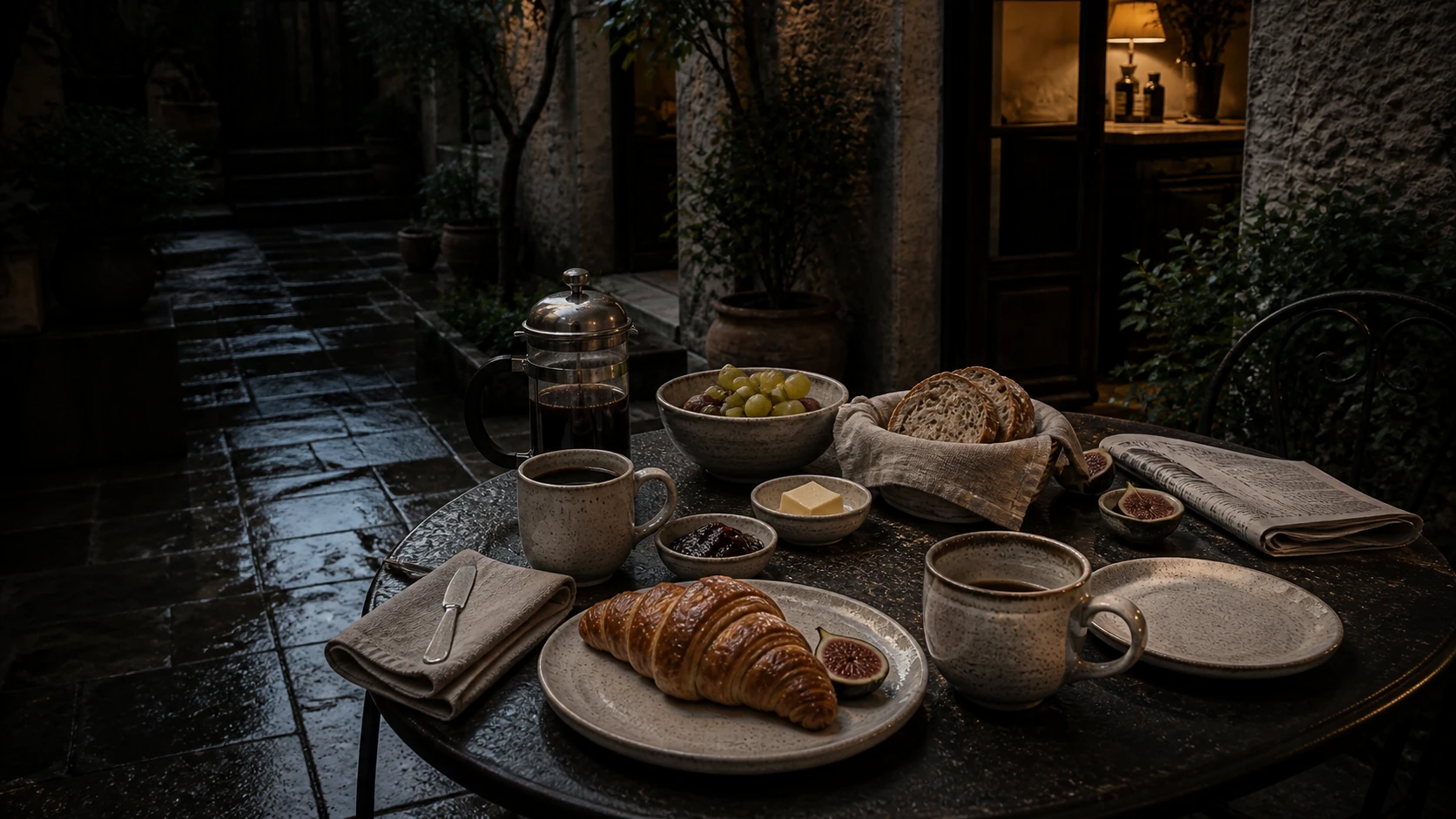Tavolo della colazione apparecchiato nel cortile dopo la pioggia