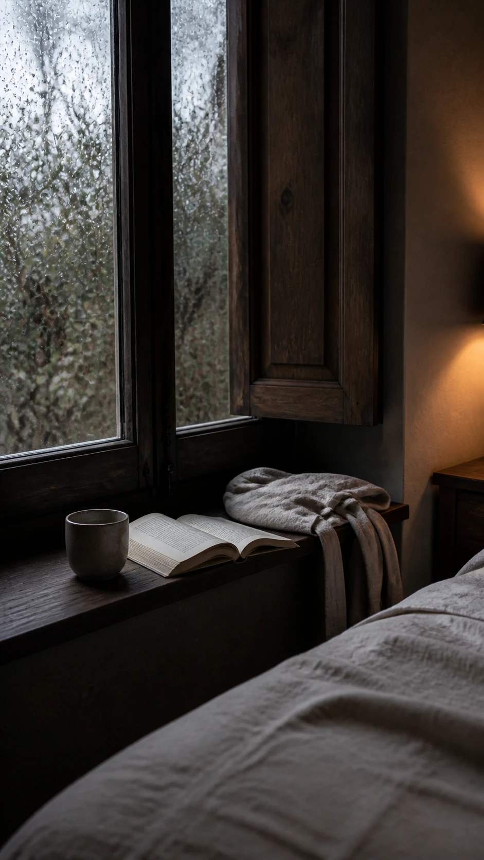 Finestra bagnata dalla pioggia con libro, lino e tazza in ceramica