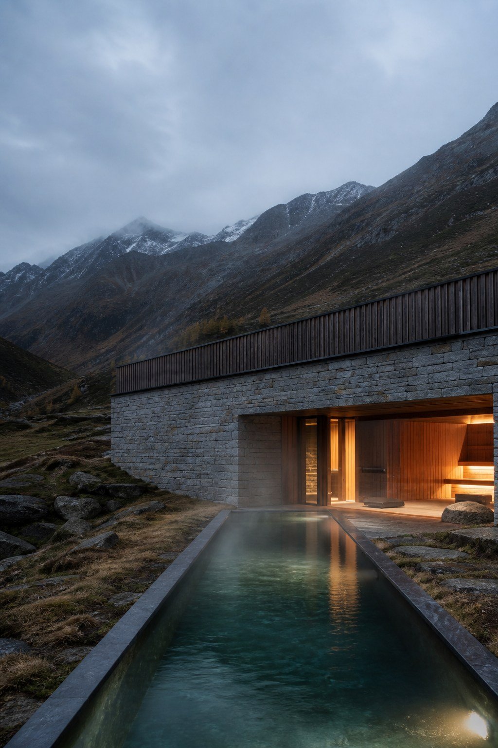 Hotel wellness alpino sulla roccia, immagine concettuale