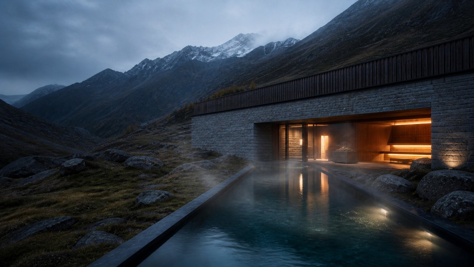 Rifugio alpino con piscina termale e sauna, immagine concettuale