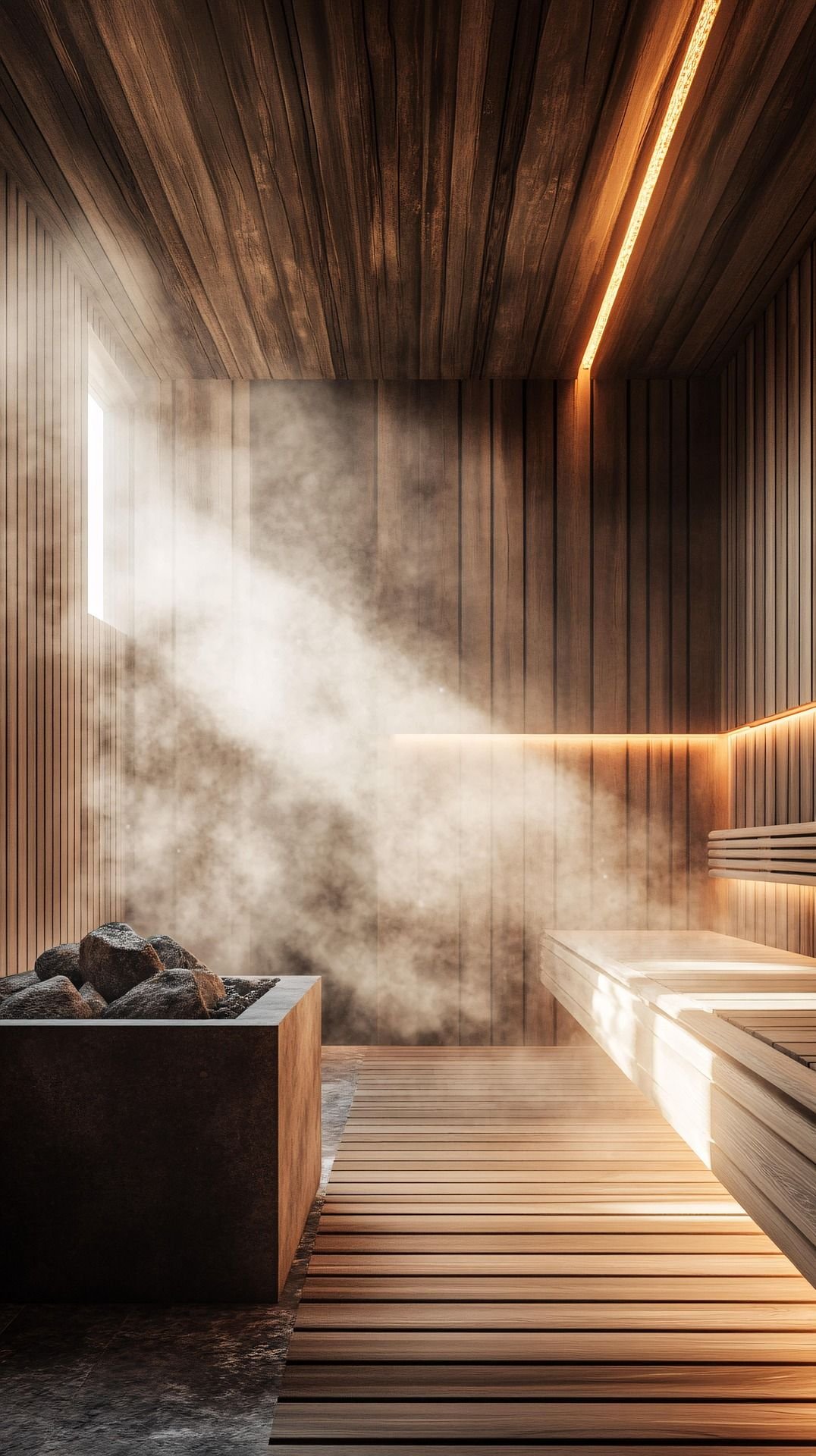 Sauna calda in legno con vapore, immagine concettuale