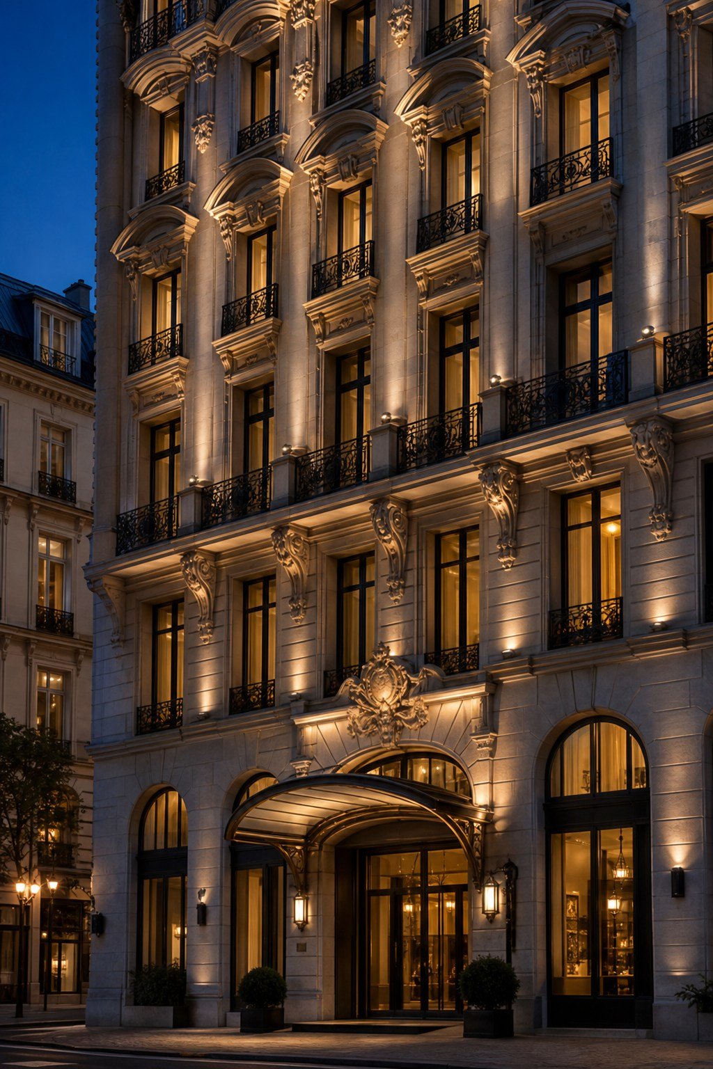Elegante hotel urbano di sera, immagine concettuale