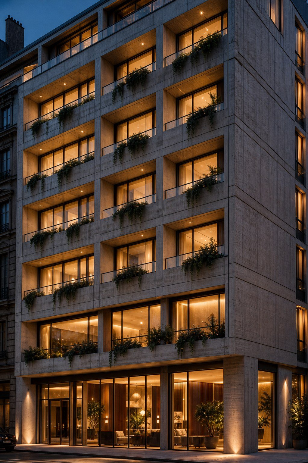 Hotel urbano moderno di sera, immagine concettuale